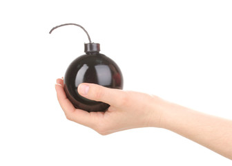 Cartoon style bomb in hand isolated on white