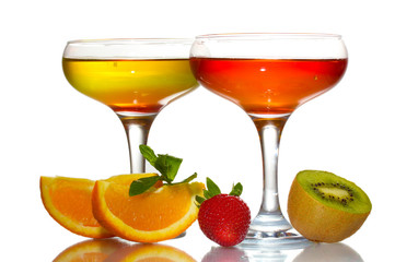 fruit jelly in glasses and fruits isolated on white