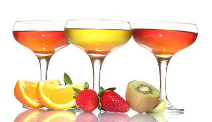 fruit jelly in glasses and fruits isolated on white