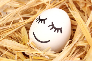 White egg with funny face in straw