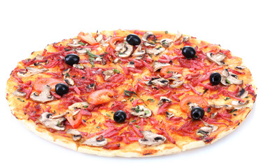 delicious pizza with vegetables and  salami isolated on white.