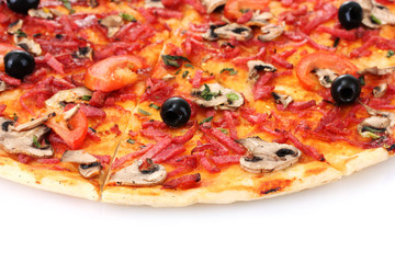 delicious pizza with vegetables and  salami isolated on white.