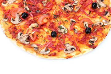 delicious pizza with vegetables and  salami isolated on white.