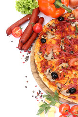 delicious pizza, vegetables and salami isolated on white.