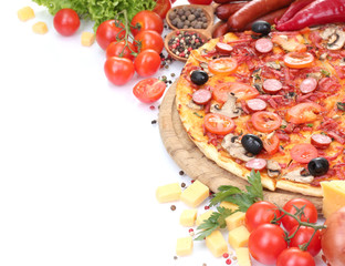 delicious pizza, vegetables and salami isolated on white.