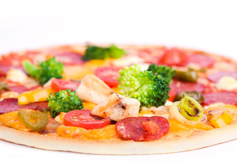 Fresh fresh pizza with chicken and broccoli on white background