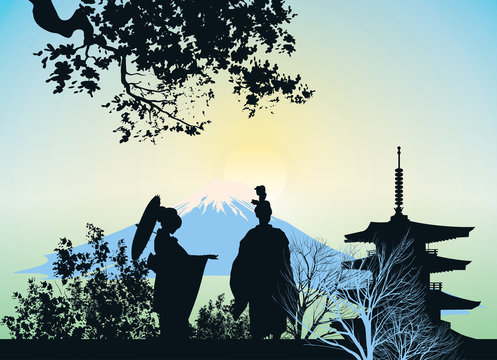 beautiful picture of a geisha, mountains and trees