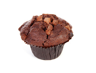 One brown chocolate muffin over white background