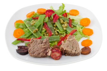 boiled meat with sausages and vegetable salad