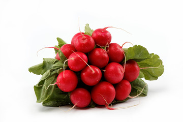 Healthy food. Bunch of fresh radishes on a white background.