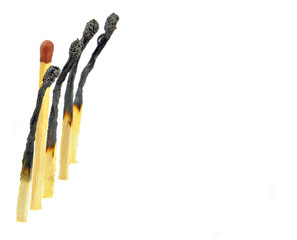 row of burnt match sticks with one unburnt stick in the middle