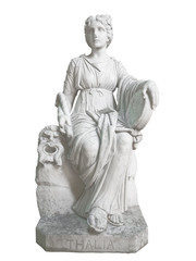 Fototapeta na wymiar Stary pomnik greckiej muzy Thalia na białym