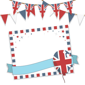 UK party card vector with red white blue clipart decoration bunting balloon on white with copy space