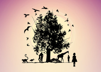 Fantastic picture with animals and people the tree