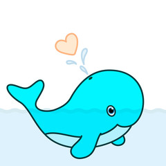Cute baby whale cartoon character blowing a heart water splash