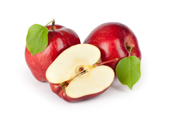 Two ripe red apples and half.