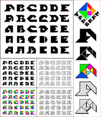 Tangram font, fixed-height alphabet, letters A,B,C,D,E, 5 styles