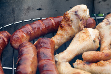 barbecue with delicious grilled meat on grill