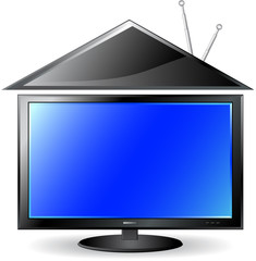 Plasma TV screen under house roof with antenna