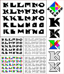 Tangram font, fixed-height alphabet, letters K,L,M,N,O, 5 styles