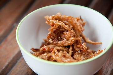 Thailand food : mushroom fry with sesame in white round bowl