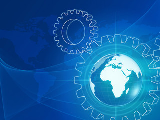world globe in gear-wheels with rays and net
