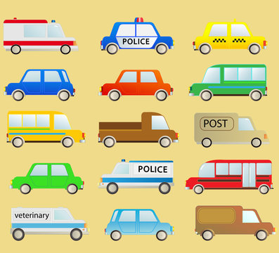 cartoon transport set with many isolated colorful urban cars