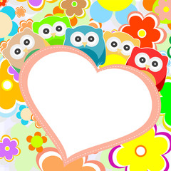 Obraz premium owls, flowers and valentines heart in frame. vector