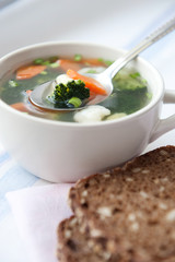Healthy soup with wholemeal bread