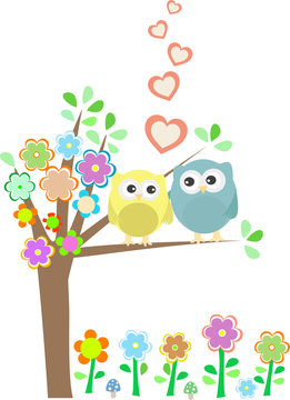 Background with owls in love sitting on branch