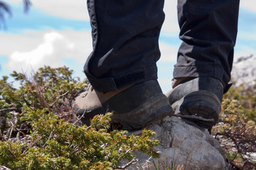 hiking boots on stone close up