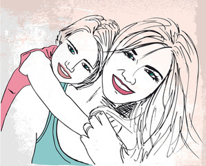Sketch of little girl having fun with her beautiful mother. Vect - 41522933