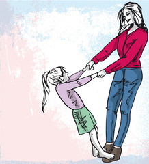 Sketch of little girl having fun with her beautiful mother. Vect - 41522957