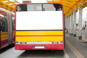 Blank billboard on back of bus - obrazy, fototapety, plakaty