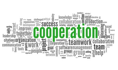 Cooperation concept in word tag cloud on white