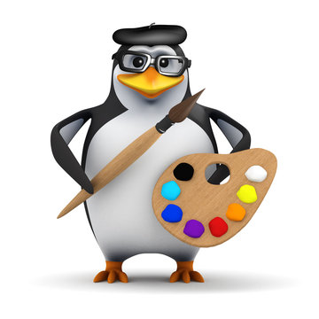 3d Penguin in glasses with palette and brush