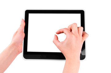 Finger pointing at tablet PC