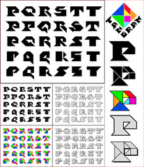 Tangram font, fixed-height alphabet, letters P,Q,R,S,T, 5 styles