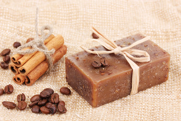 Hand-made soap on sackcloth
