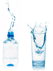water glass and bottle isolated on white