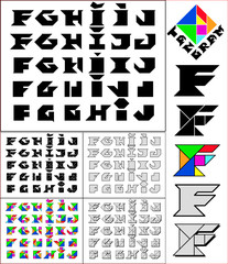 Tangram font, fixed-height alphabet, letters F,G,H,I,J, 5 styles