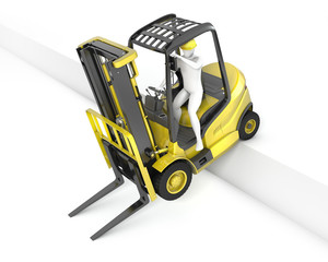 Fototapeta premium Yellow fork lift truck stuck after falling from ramp