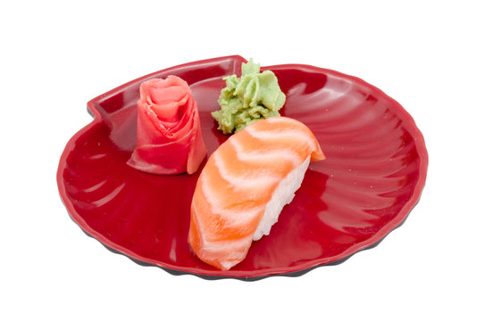 studio shoot of japanese sushi vaki with salmon on white backgro