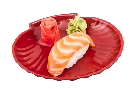 studio shoot of japanese sushi vaki with salmon on white backgro