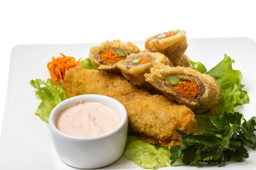 Japanese style pork cutlet with carrot and asparagus