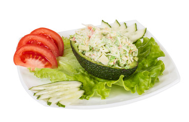 Crab meat salad with green caviar in avocado - japan cusine