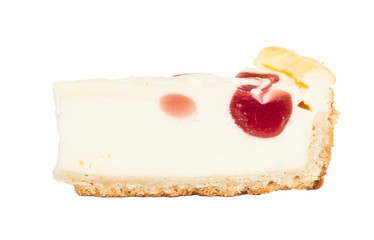 Closeup of a slice of cherry cheesecake on a white background