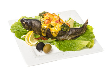 trout fish baked with shrimps and cauliflower