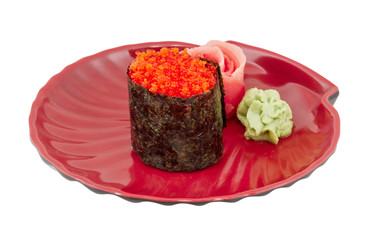 Sushi with fying fish caviar isolated over white background