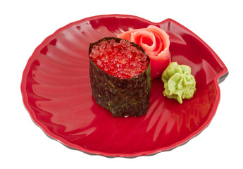 macro shot of Salmon egg on sushi nikiri roll